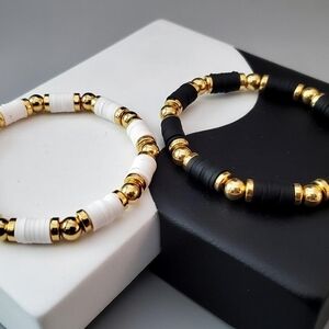 Minimalist Black and White Gold Beaded Stretch Bracelets - Women Jewelry